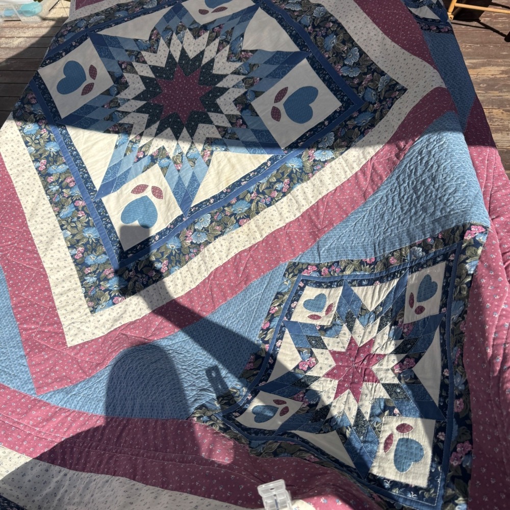 Handmade Vintage Quilt Queen Blue Red Lone Star Heart Floral Patchwork 82x102" - Picture 10 of 16